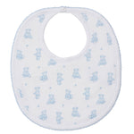 The Kissy Kissy Teddy Bear Time Printed Bib is crafted from soft Pima cotton, featuring light blue teddy bears and paw prints, and includes a convenient snap closure—perfect for baby mealtime.