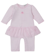 The Kissy Kissy Baby Girls' Ready to Dance Playsuit is a long-sleeve pink romper in soft Pima cotton, featuring a tutu skirt and an embroidered duck on the chest.