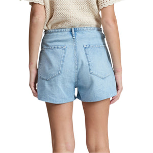 Person shown from the back wearing Rag & Bone's Ultra Featherweight Nolan Drawstring Short in light blue cotton denim, paired with a cream-colored crocheted top.
