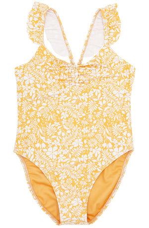 The In a Cinch One-Piece Swimsuit by Feather 4 Arrow features a yellow floral pattern and ruffled shoulder straps, ideal for pool and beach days, displayed on a white background.