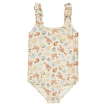 Rylee & Cru Girls' Scrunch One-Piece: beige kids’ swimsuit with ruffled straps and a vibrant sea-themed print featuring shells, crabs, lobsters, and seaweed.