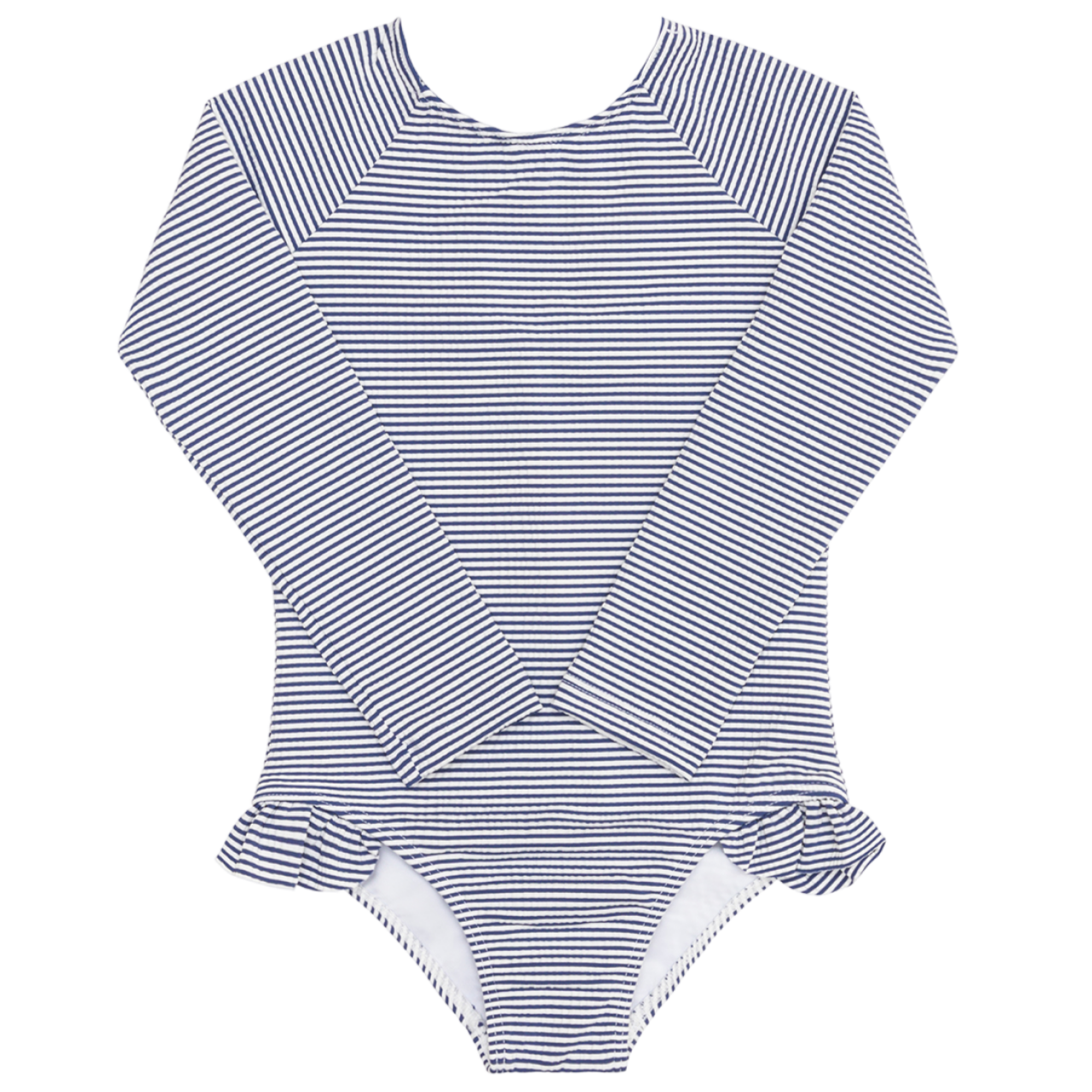 The Minnow Girls' Pacific Stripe Rashguard One Piece features navy and white stripes, long sleeves, and ruffle hip detail, shown laid flat on a white background.