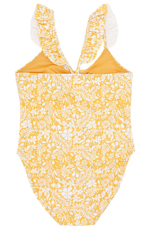 The In a Cinch One-Piece Swimsuit by Feather 4 Arrow is a yellow and white floral swimsuit featuring ruffled shoulder straps, ideal for pool and beach days.