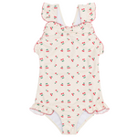 The Minnow Girls' Summer Cherries Ruffle Edge One Piece features a cream base with red and green cherry print, ruffled shoulder straps, and playful ruffle trim—perfect for girls' summertime swim adventures.