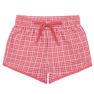 The Boys' Malibu Poppy Gingham Boardie by Minnow features red and white gingham, an elastic waistband, matching drawstring, and a comfy stretch liner, shown on a plain white background.