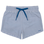 The Minnow Boys' Pacific Stripe Boardie features blue and white stripes, an elastic waistband with a blue drawstring, and a comfortable stretch liner, shown laid flat on a white background.