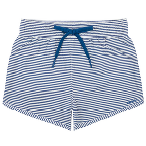 The Minnow Boys' Pacific Stripe Boardie features blue and white stripes, an elastic waistband with a blue drawstring, and a comfortable stretch liner, shown laid flat on a white background.