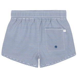 The Minnow Boys' Pacific Stripe Boardie features blue and white stripes, an elastic waistband, stretch liner, and a single back pocket.