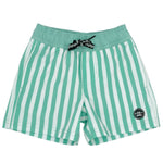 The Baby Boys' Sun Club Volley Trunk by Feather 4 Arrow features green and white vertical stripes, an elastic waistband with a black drawstring, and a logo patch on the lower right leg. Made from lightweight fabric, these shorts offer quick-drying comfort.