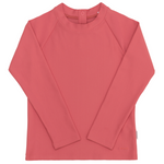The Minnow Baby and Kids' Unisex Poppy Red Rashguard features sun-safe, long sleeves, a crew neck, and back button closure, shown laid flat to highlight its stylish swim top design.
