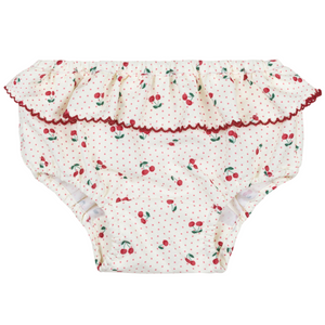 The Minnow Baby' Summer Cherries Diaper Cover features red cherries, polka dots, a ruffled waistband, and red scalloped trim—perfect as a stylish beach swim diaper cover for babies.