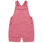 The Minnow Baby' Malibu Poppy Gingham Short Overall features red and white checks, shoulder straps, and side buttons. Shown flat on a white background, this cute piece is perfect for your little one’s summer fun.