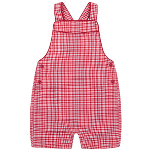The Minnow Baby' Malibu Poppy Gingham Short Overall features red and white checks, shoulder straps, and side buttons. Shown flat on a white background, this cute piece is perfect for your little one’s summer fun.