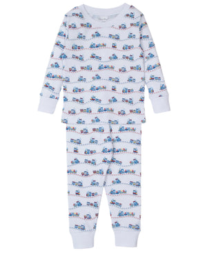The Kissy Kissy Baby Boys' and Boys' Rambling Railroad Pajama Set is made of soft Pima cotton, showcasing a charming train pattern on a white background, complete with long sleeves and pants for cozy comfort.