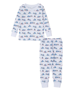 Discover Kissy Kissy's Baby Boys' and Boys' Rambling Railroad Pajama Set, made from soft Pima cotton. This charming set features colorful trucks on a white background, complete with a cozy long-sleeved top and matching pants—ideal for dreamy adventures.