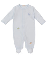 The Kissy Kissy Dino District Striped Hand Emb. Footie is made from soft Peruvian cotton, featuring a charming light blue color with long sleeves and footed bottoms, adorned with embroidered animal designs for a cozy and adorable look.