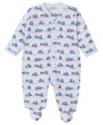 The Baby Boys' Rambling Railroad Printed Zip Footie by Kissy Kissy is a Pima cotton onesie with a blue train design on white. This long-sleeve, footed piece offers comfort and style for your little adventurer.