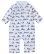 The Kissy Kissy Baby Boys' Rambling Railroad Printed Playsuit is a light-colored, cozy long-sleeve romper with a collar and colorful cartoon trains and tracks.