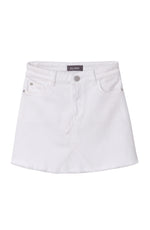 The DL1961 Girls' Jenny Denim Mini Skirt features white denim, front pockets, belt loops, a button closure, and a raw hem, shown against a plain background.