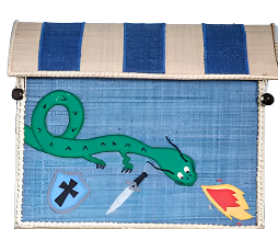 On a blue striped background, a cartoon green snake with a sword and shield confronts a crest featuring a black cross. Nearby, amidst vibrant red and yellow, lies the Raffia Toy Basket by Rice, showcasing handmade raffia treasures inspired by Madagascar's artful heritage.