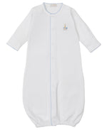 Kissy Kissy Baby Premier Noah's Ark Convertible Gown features soft Peruvian cotton, blue edge stitching, and a hand-embroidered Noah's Ark on the chest.