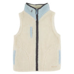 The Beaufort Bonnet Company Baby Boys' and Boys' Sherpa Van Camp Vest features a sleeveless cream design with sherpa fleece, light blue accents, a zip-up front, and high collar.