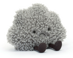 The Amuseables Storm Cloud by Jellycat is a soft, grey plush toy with a curly texture, black eyes, a small frown, and dark cylindrical legs, shown sitting on a white background.