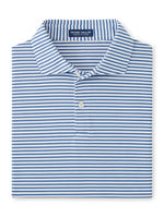 The Peter Millar Tempo Performance Mesh Polo features blue and white stripes, a collared design with two buttons, and four-way stretch for comfort—ideal for golf style.