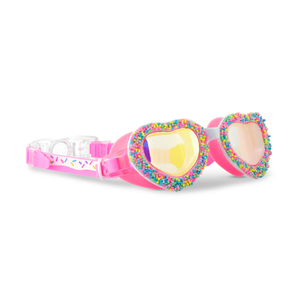 Cupid's Candy Swim Goggles by Bling2O feature pink heart-shaped lenses with rainbow, candy-inspired sprinkle decorations and sprinkle-patterned adjustable straps for kids.