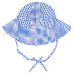 The Minnow Baby Sky Blue Gingham Sun Hat, made from soft cotton with a wide brim and chin ties, provides style and protection for sunny outings.