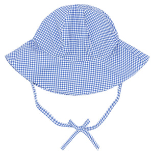 The Minnow Baby Sky Blue Gingham Sun Hat, made from soft cotton with a wide brim and chin ties, provides style and protection for sunny outings.