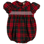 The Baby Girls' Dottie Hart Bubble by The Beaufort Bonnet Company features short puff sleeves, a Peter Pan collar, white smocked chest, and elastic leg openings for a classic look.