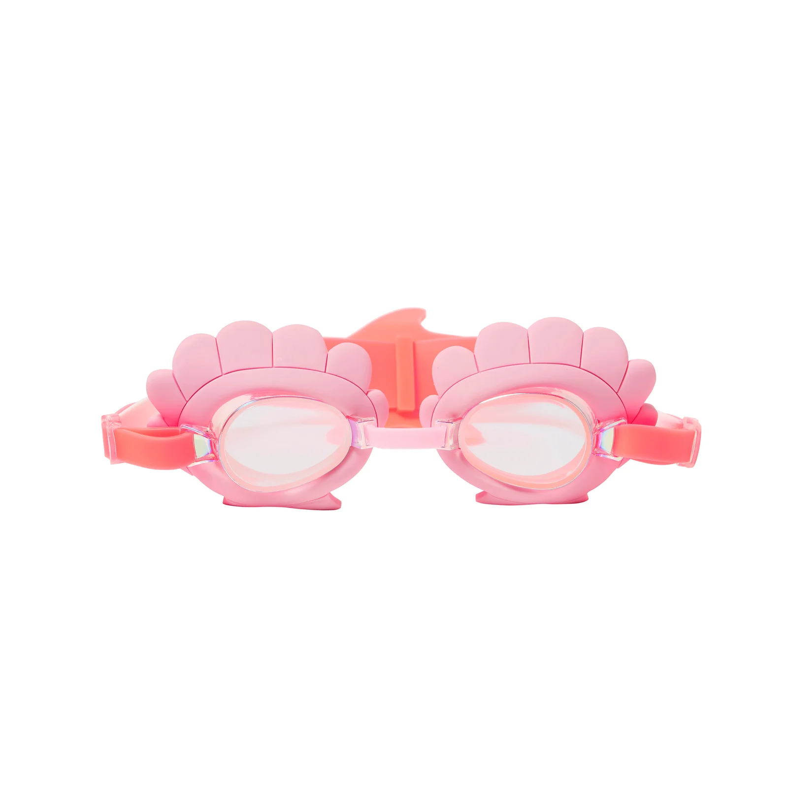 Sunnylife Melody Mermaid Mini Swim Goggles feature pink frames with scallop shell-shaped decorations, displayed front-facing on a white background.