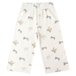 Rylee & Cru Baby Girls’ and Girls’ Wide Leg Pant—white cotton pull-on pants with an elastic waistband and pastel scattered bow print.