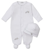 The Kissy Kissy Baby Elephant Esprit Footie with Hat Set includes a white long-sleeve, footed snap-closure footie with embroidered elephant details and a matching hat.