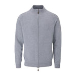 The Alan Paine Whitmore Full Zip cardigan is a light gray, long-sleeve sweater with a stand collar, made from premium wool and shown on a white background.