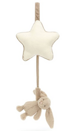 The Bashful Beige Bunny Musical Pull from Jellycat features a charming stuffed star hanging from a string and is crafted from recycled fibers.