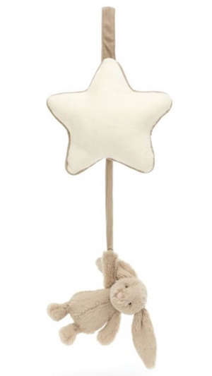 The Bashful Beige Bunny Musical Pull from Jellycat features a charming stuffed star hanging from a string and is crafted from recycled fibers.