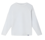 The Kids' Harbour Rash Guard by Love Brand is a white long-sleeve shirt with a small logo tag at the bottom, ideal for beach days and offers UPF 50+ UV protection.