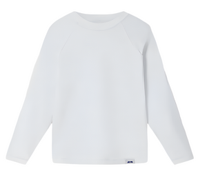 The Kids' Harbour Rash Guard by Love Brand is a white long-sleeve shirt with a small logo tag at the bottom, ideal for beach days and offers UPF 50+ UV protection.