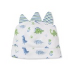 The KISSY Dino District Novelty Hat by Kissy Kissy is a white baby hat featuring green and blue dinosaur prints and three soft striped spikes on top, mimicking dinosaur scales.