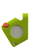 The Yoto Player Adventure Jacket by Yoto is a green, angular portable speaker with a red button and white grille, shown in its silicone carry-coat against a plain white background.