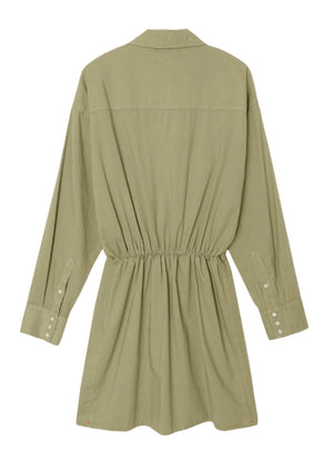 The Loulou Dress by Xirena is an olive green mini shirtdress crafted from cotton poplin, featuring a cinched waist, buttoned cuffs, and an elastic back for added comfort, shown from the back.
