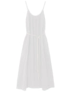 The Braiden Dress by Xirena is a white flowy tank midi dress with thin straps, a gathered neckline, and a braided waist belt, shown on a plain background.