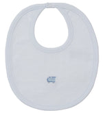 The Kissy Kissy Fall Medley Striped Bib with Hand Emb. is crafted from soft Pima cotton, features subtle light blue horizontal stripes, and a small hand-embroidered blue design at the center.
