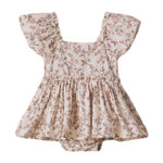 Noralee Baby Girls' Margot Romper in light pink features ruffled sleeves, a floral pattern, gathered waist, and attached bloomers—a charming special occasion outfit.