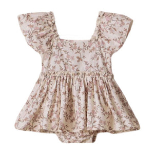 Noralee Baby Girls' Margot Romper in light pink features ruffled sleeves, a floral pattern, gathered waist, and attached bloomers—a charming special occasion outfit.