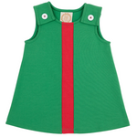 The Beaufort Bonnet Company's Baby Girls' and Girls' Pima Juliet Jumper is a sleeveless Kiawah Kelly Green dress with a vertical red stripe and two white buttons on the straps, crafted from soft pima cotton.