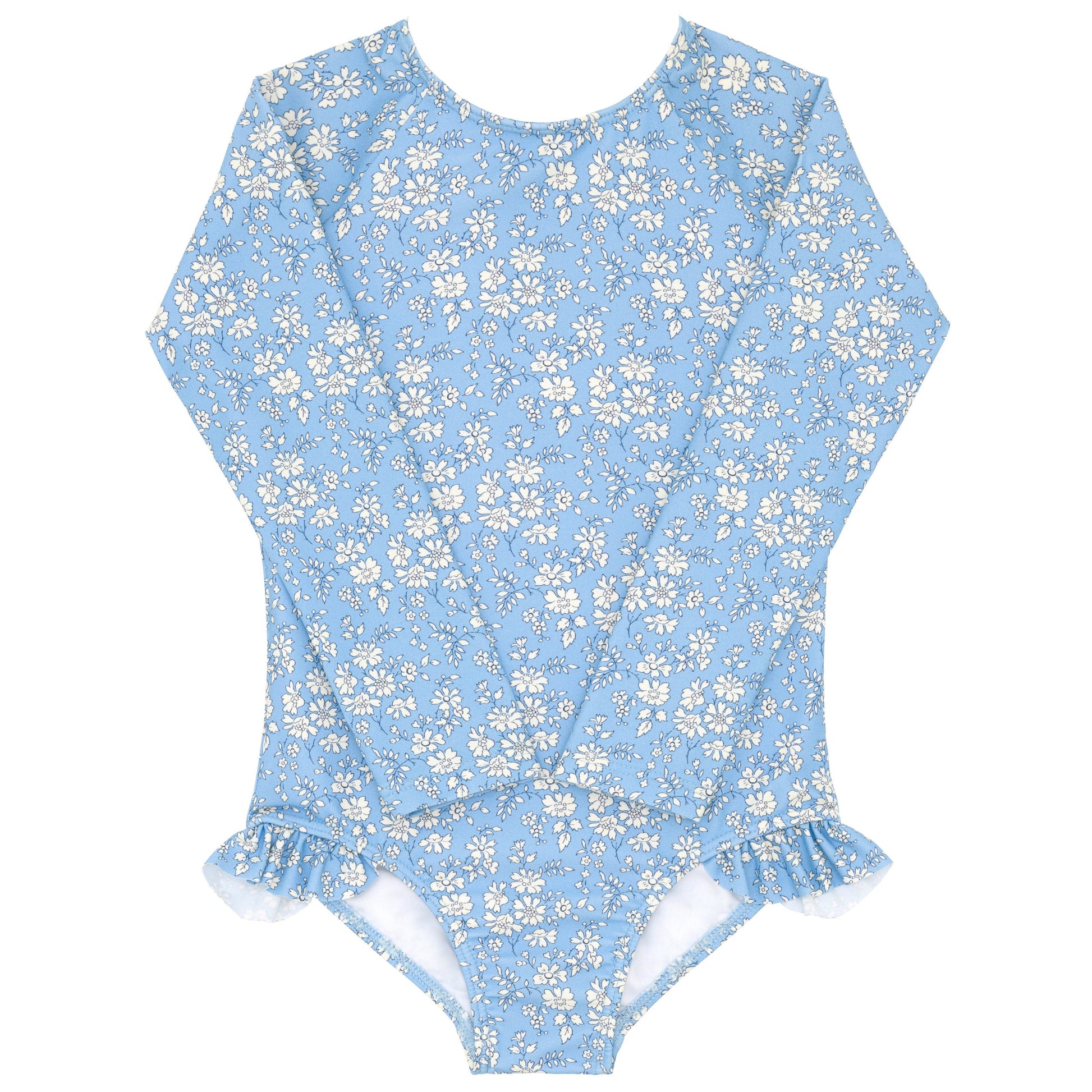 The Minnow Baby Girls and Girls Capel Rashguard One Piece is a blue long-sleeve swimsuit with a white floral pattern from Liberty Fabrics, featuring ruffled leg openings.