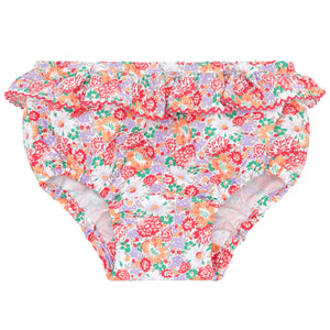 The Minnow Baby Girls' Island Blossom Diaper Cover, featuring a colorful floral pattern and ruffled trim, is perfect for pairing with a matching sun hat.
